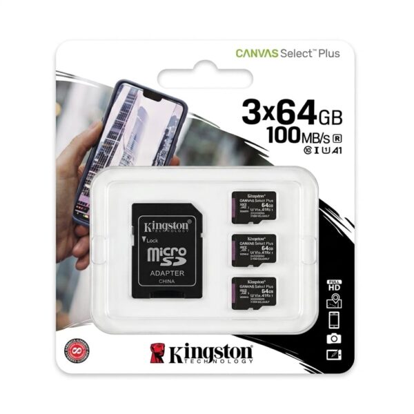 Microsd x3 64 gb Kingston Pack de 3 MicroSD Kingston de 64 Gb. Canvas Select Plus Con 1 Adaptador.